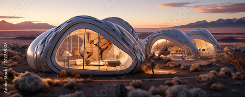 Futuristic glamping tents with bis glass windows in rocky desert or mountains