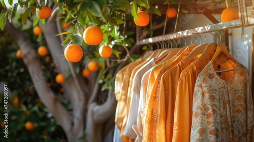 Sunlit scene of ripe oranges hanging from a tree with matching orange dresses on wooden hangers, blending fashion with nature's bounty. Sustainable Fashion Made of Orange Peel