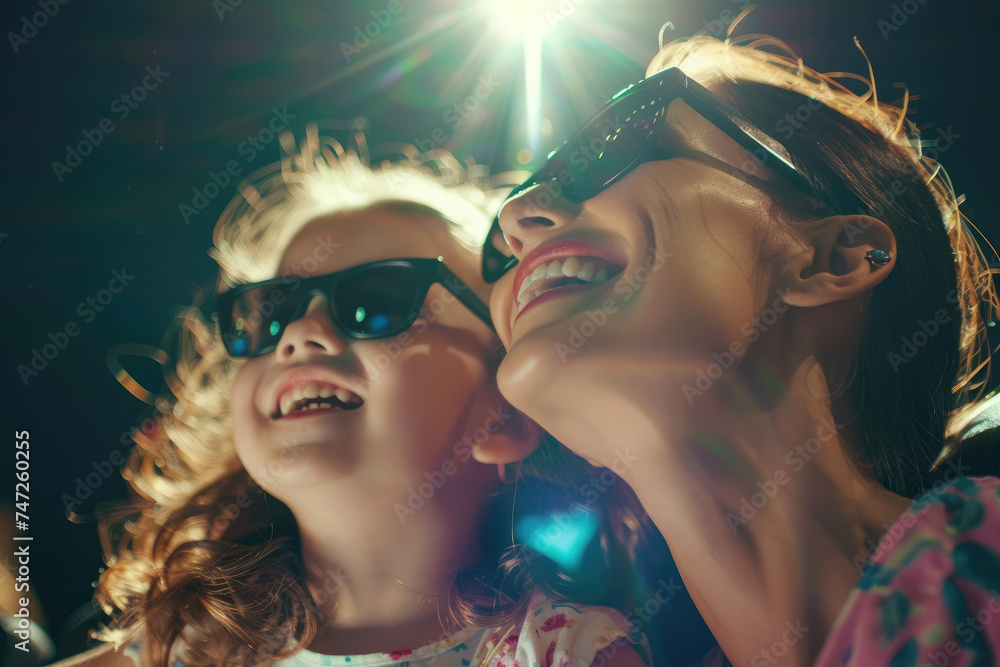 Happy father and daughter enjoying in movie projection in theater