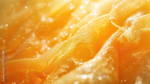Sunlit Orange Fabric Waves. Close-up view of delicate, orange yellow fabric, capturing the interplay of light and shadow across its textured surface. Bio-based material from fruit waste of orange peel