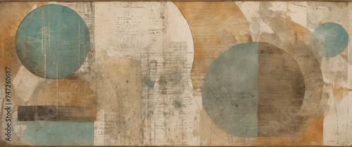 Vintage mixed media collage of faded abstract circles and lines
