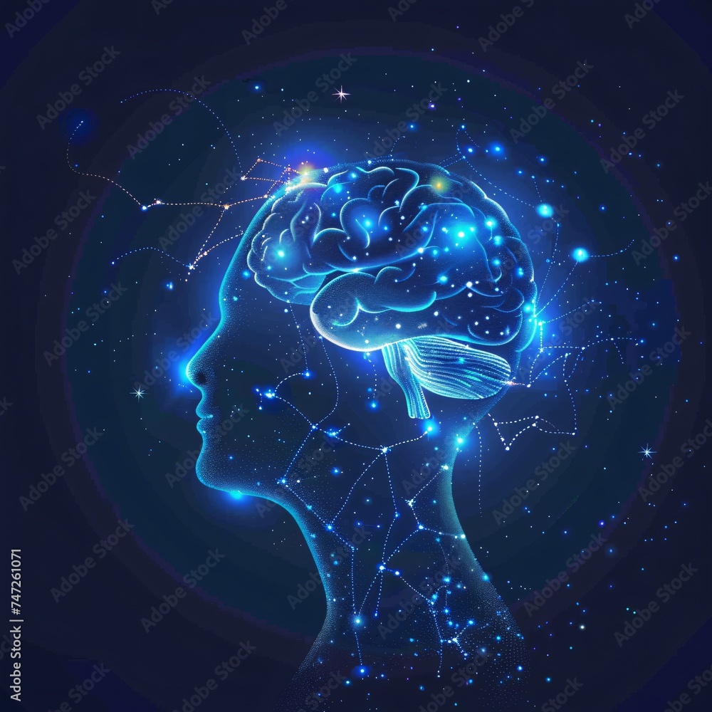 Obraz premium Neural Network Nightscape A Blue Brain Illuminated by Cosmic Constellations Generative AI