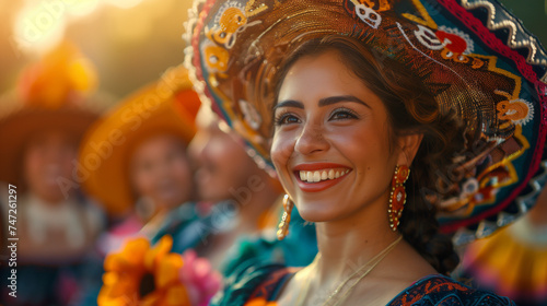 Woman in colorful traditional Mexican attire, smiling. Celebrating Cinco de Mayo
