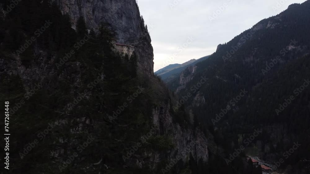 Monastery in the rock in Turkey. Sumela monastery drone view
