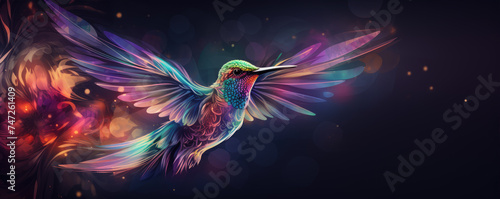 Colorful fantasy hummingbird in fly on black background