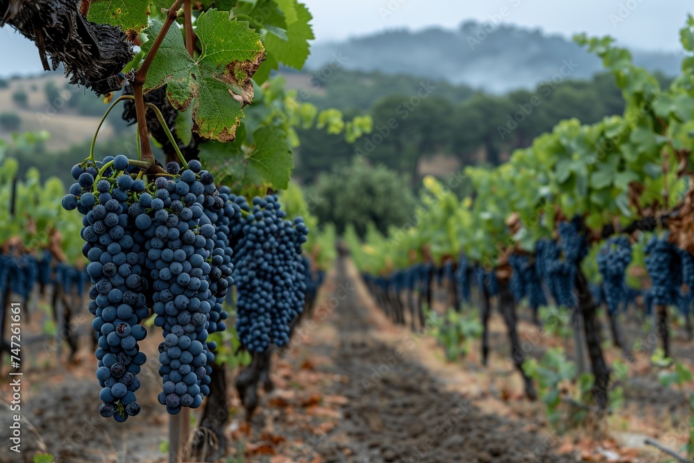 Experience the beauty of a lush vineyard with abundant grape clusters on the vines, capturing a sense of abundance and vitality in this realistic and professional photograph
