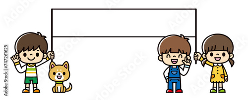 Illustration of children holding up a white panel with a smile