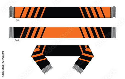 Orange-Black Soccer Fans Scarf Design on White Background. Front and Back Views, Vector File