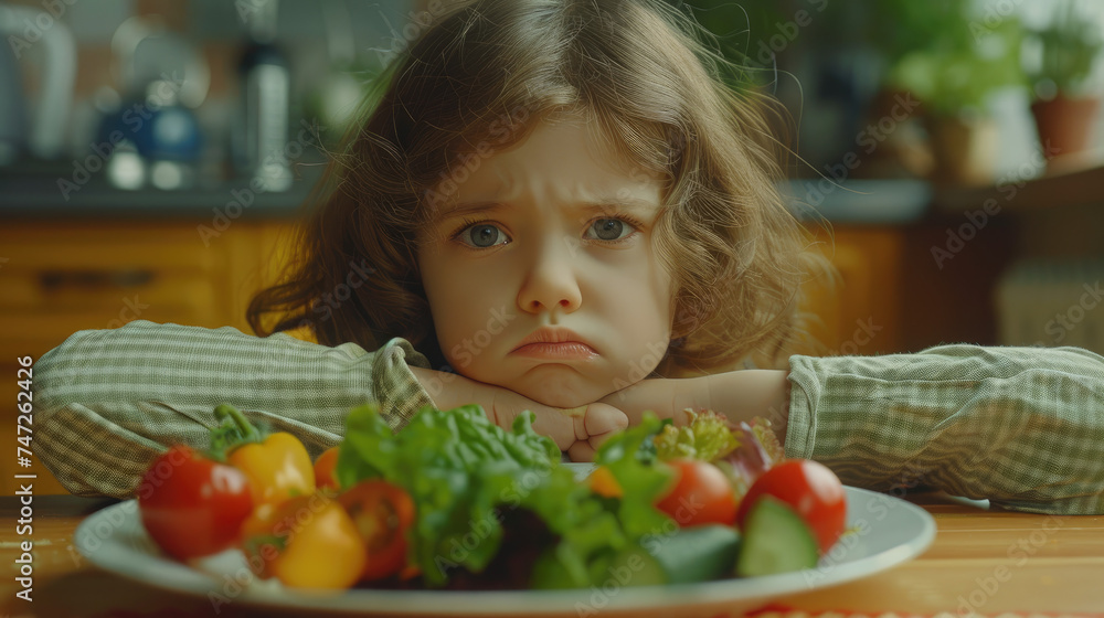 Little is unhappy Sulking child sitting in front of a plate of vegetables on the table because does not like to eat salad or vegetables