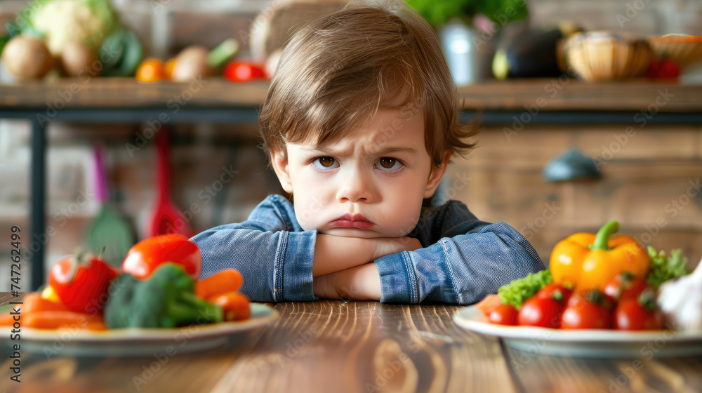 Little is unhappy Sulking child sitting in front of a plate of vegetables on the table because does not like to eat salad or vegetables