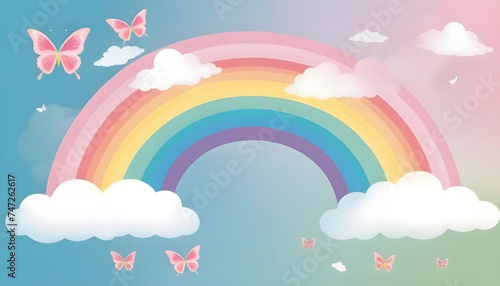 Kids friendly background banner illustration, colorful rainbow and clouds with grass landscape, butterflies flying around.  photo