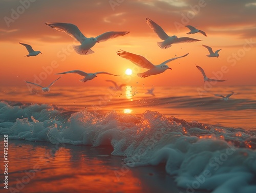 a bird flying in the sky, relax at the beach, Flock of birds flying in the sky,