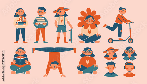Big set of cartoon clip arts with cute kids, school girls and boys. Sticker pack to World Children's Day. Childrens with toy ship, skateboard, scooter, books. Reading, standing, walking, riding person
