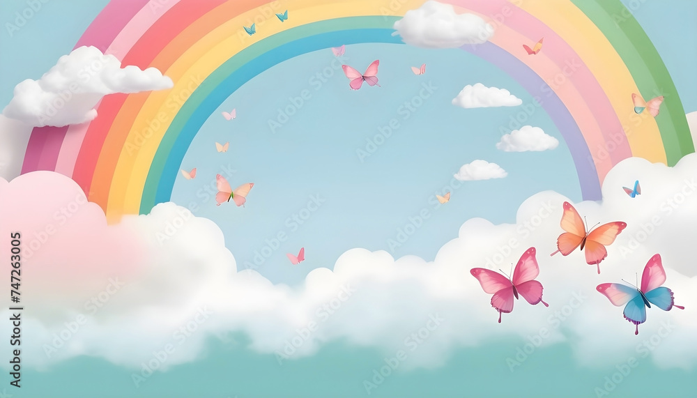 Kids friendly background banner illustration, colorful rainbow and clouds with grass landscape, butterflies flying around. 