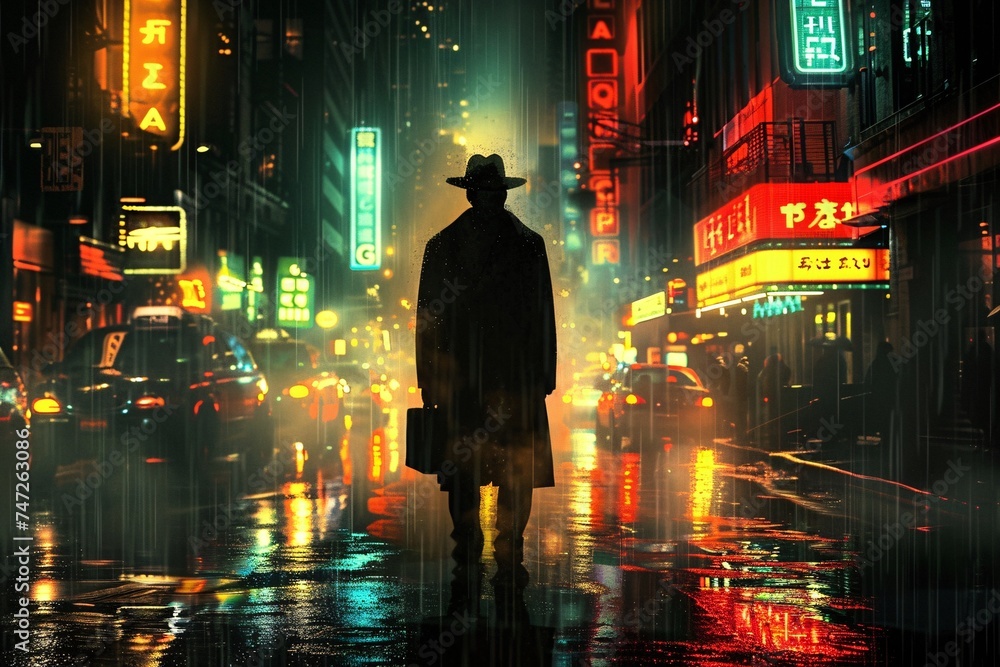 Glowing Cityscape at Night A Man in a Fedora Strolls Through the Rain Generative AI