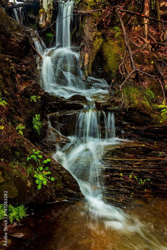 Obraz premium picturesque waterfall on a stream running from the mountains along a ravine on a spring day