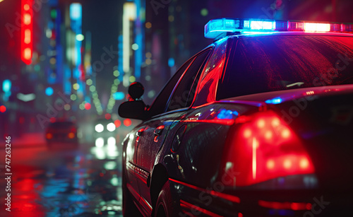 City Night Vigilance  Police Car Lights in Focus