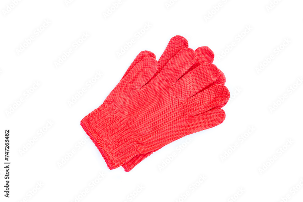 Red fabric gloves with red edge isolated on white background, Red cotton gloves Red fabric gloves with red edge isolated on white background, Red cotton gloves