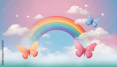 Kids friendly background banner illustration, colorful rainbow and clouds with grass landscape, butterflies flying around. 