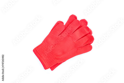 Red fabric gloves with red edge isolated on white background, Red cotton gloves