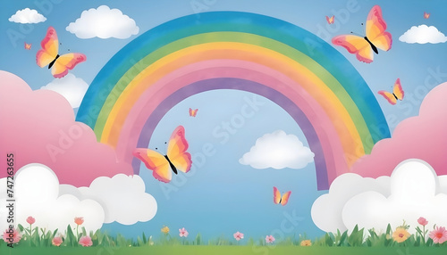 Kids friendly background banner illustration, colorful rainbow and clouds with grass landscape, butterflies flying around. 