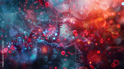 Abstract Digital illustration DNA structure in colour background  with lights and bokeh. Data for doctor technology modern medical concept © Aleena