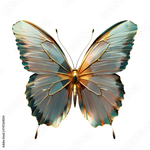 A bright butterfly with translucent wings and gold inserts, isolated on a transparent background, top view