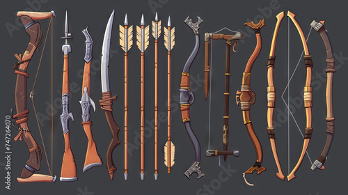 Bow, Crossbow, and Longbow. Fantasy Weapons. Multiple Vector Icon Illustration. Icon Concept Isolated Premium Vector. 