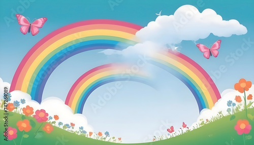 Kids friendly background banner illustration  colorful rainbow and clouds with grass landscape  butterflies flying around. 