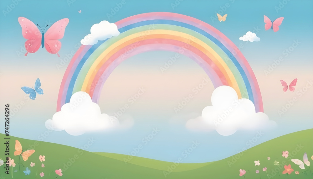 Kids friendly background banner illustration, colorful rainbow and clouds with grass landscape, butterflies flying around. 