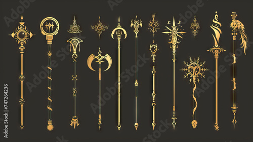 Staff, Wand, and Scepter. Fantasy Weapons. Multiple Vector Icon Illustration. Icon Concept Isolated Premium Vector.  photo
