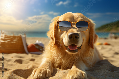 Cute golden retriever dog wearing sunglasses sitting on a sandy beach in the sunny day. summer festive holiday
