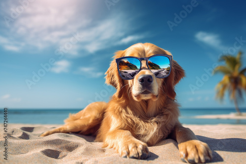 Cute golden retriever dog wearing sunglasses sitting on a sandy beach in the sunny day. summer festive holiday © thebaikers