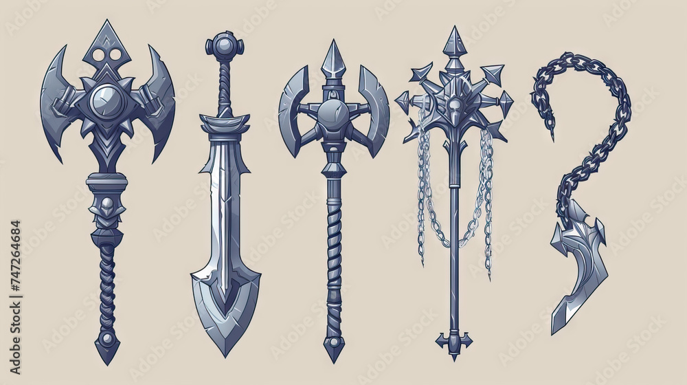 Flail, Morningstar, and Chain Whip. Fantasy Weapons. Multiple Vector Icon Illustration. Icon Concept Isolated Premium Vector. Flail, Morningstar, and Chain Whip. Fantasy Weapons. Multiple Vector Icon Illustration. Icon Concept Isolated Premium Vector.