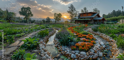 A lush permaculture oasis thrives, using companion planting and water retention under a setting su