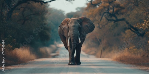 A powerful African elephant, endangered and wise, walks a road. photo