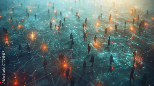 Group, people and crowd connected to internet, big data and virtual reality. Silhouette, businesspeople and public network lines for communication, futuristic connection and marketing strategy