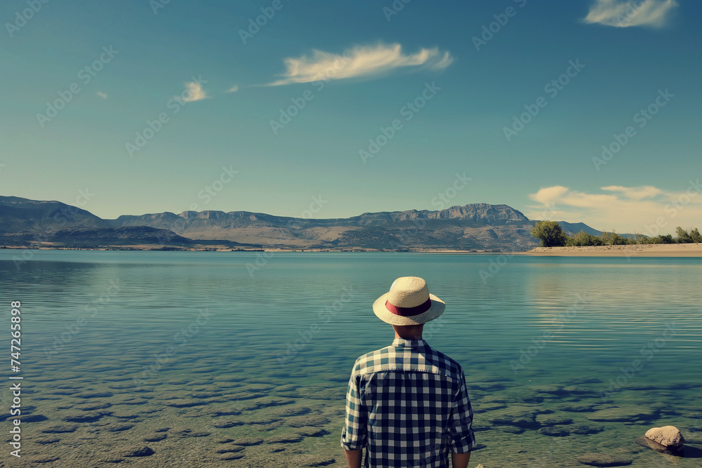 Fototapeta premium Man in plaid shirt and straw hat observing a tranquil mountain lake on a clear day. View from the back