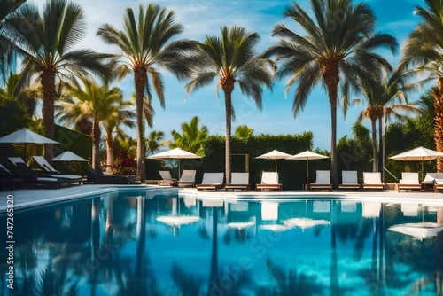 Beautiful swimming pool with palm trees for holiday relaxation