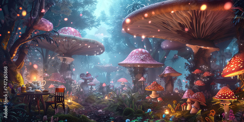 Whimsical Tea Party in the Mushroom Forest: A Surreal Gathering of Characters Enjoying Tea and Treats in a Forest Dotted with Giant Mushrooms