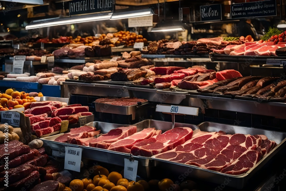 Fresh meat and steaks at a stand in market