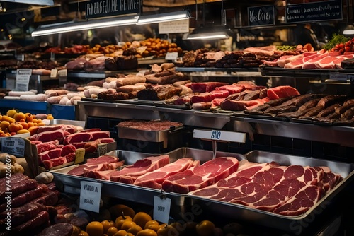 Fresh meat and steaks at a stand in market