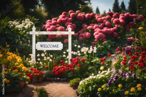 Gorgeous flowerbed featuring a welcoming sign