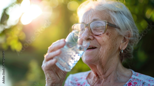 Old elderly woman enjoying a glass of water to hydrate herself with fresh air of a park on summer