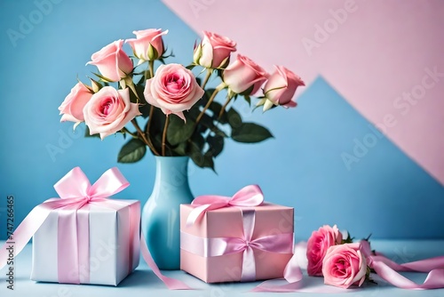 Gorgeous pink rose bouquet in a vase with a present box and satin ribbon on a table with a pastel blue backdrop