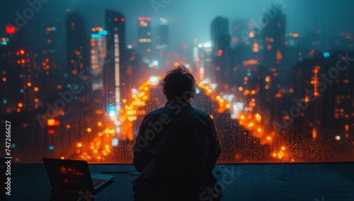 Man silhouetted against glowing cityscape, contemplative, rain on window, urban night, laptop foreground