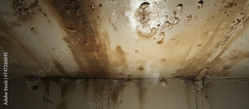 The image shows moldy walls and ceiling in a room covered in dirt and grime. The mold growth is particularly severe near the lights, indicating excessive moisture levels in the environment. photo