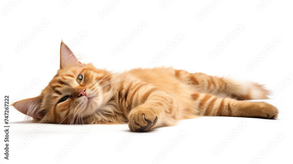Cute coil cat lying on white ground isolated on a white background. Cute coil cat lying on white ground isolated on a white background.