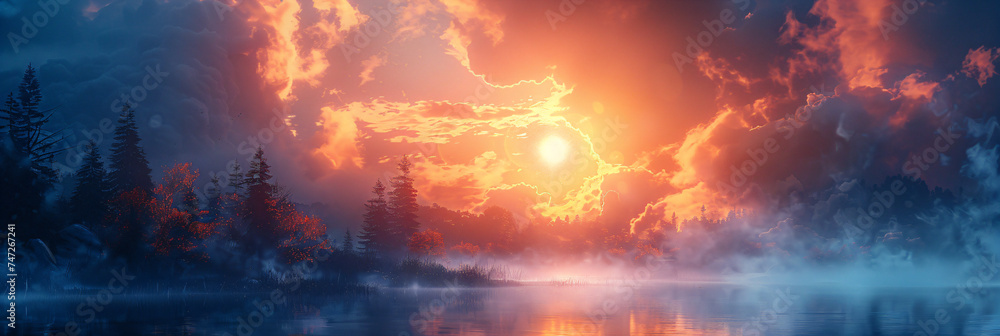 Enigmatic sunset over misty lake with silhouetted trees. Digital art depiction of a fiery sky and tranquil waters. Mystery and wonder concept. Design for poster, wallpaper, and print. - obrazy, fototapety, plakaty 
