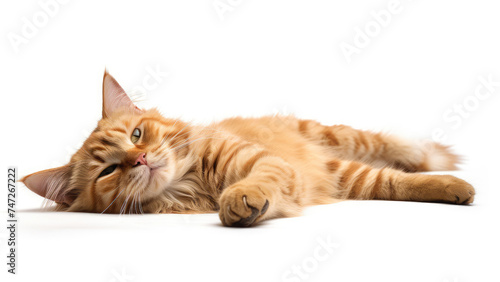 Cute coil cat lying on white ground isolated on a white background. 